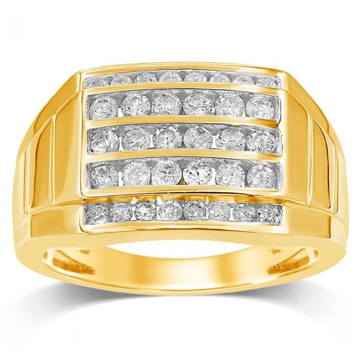 9ct Yellow Gold 1 Carat 5 Row Channel Set Diamond Mens Ring