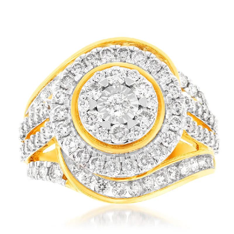 9ct Yellow Gold 2 Carat Diamond Ring with Brilliant Cut Diamonds