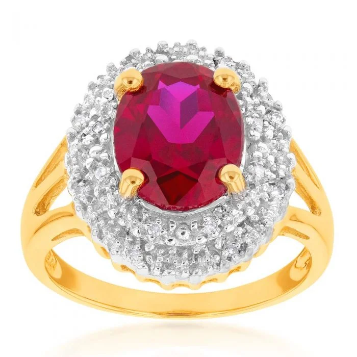 9ct Yellow Gold 8x10mm Created Ruby + Diamond Halo Ring