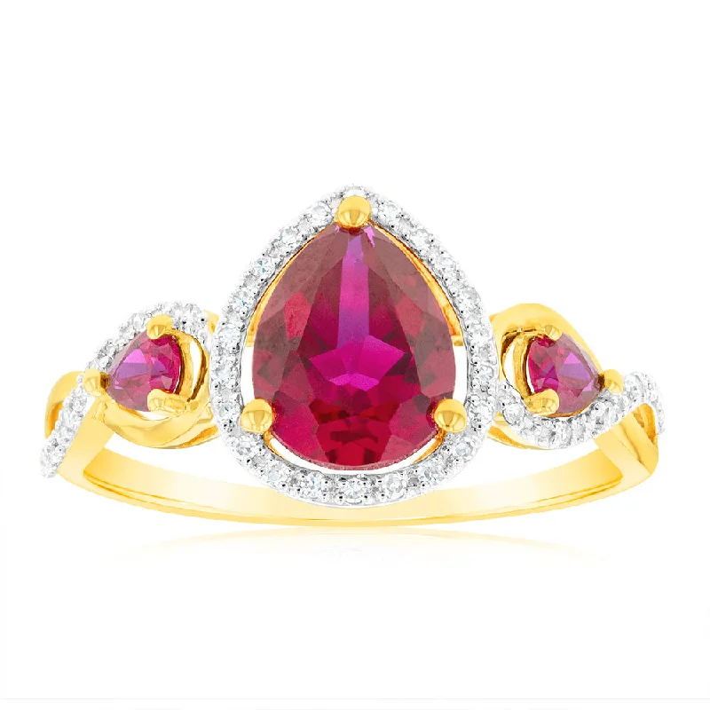 9ct Yellow Gold Created Ruby and Diamond Ring