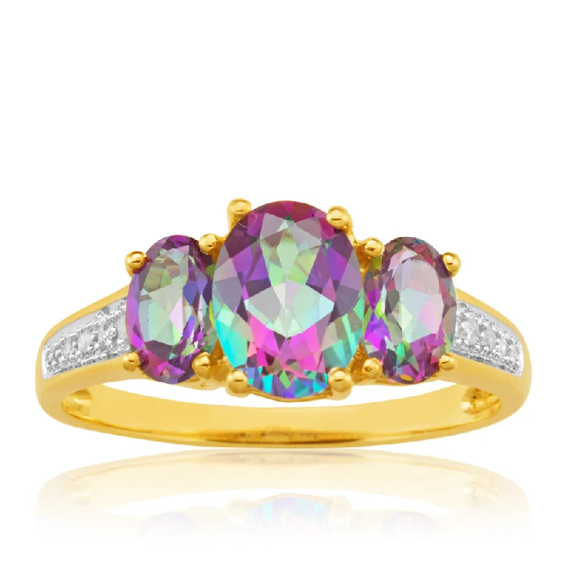 9ct Yellow Gold Enhanced Mystic Topaz Oval Cut & Diamond Trilogy Ring