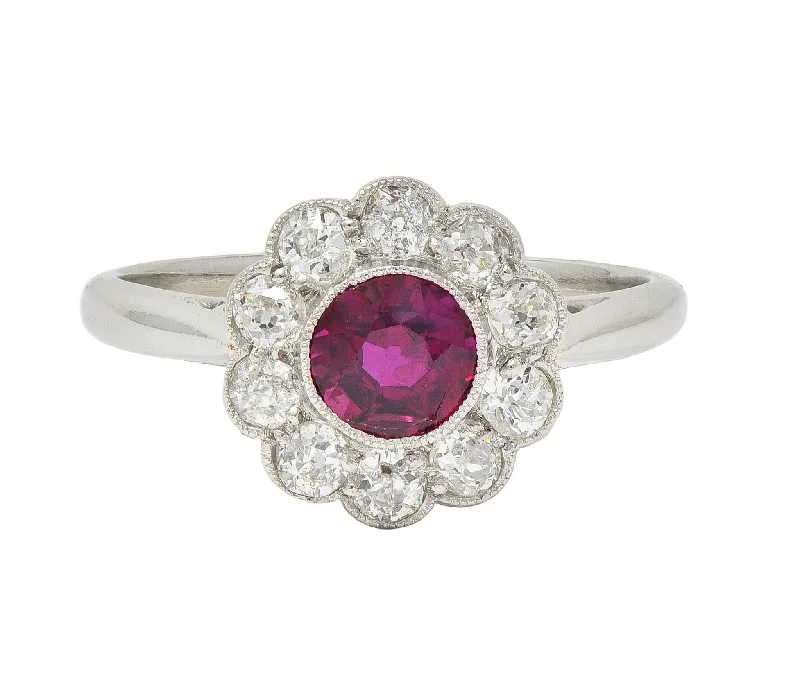 Art Deco 1.20 CTW No Heat Ruby Diamond Platinum Vintage Halo Ring GIA