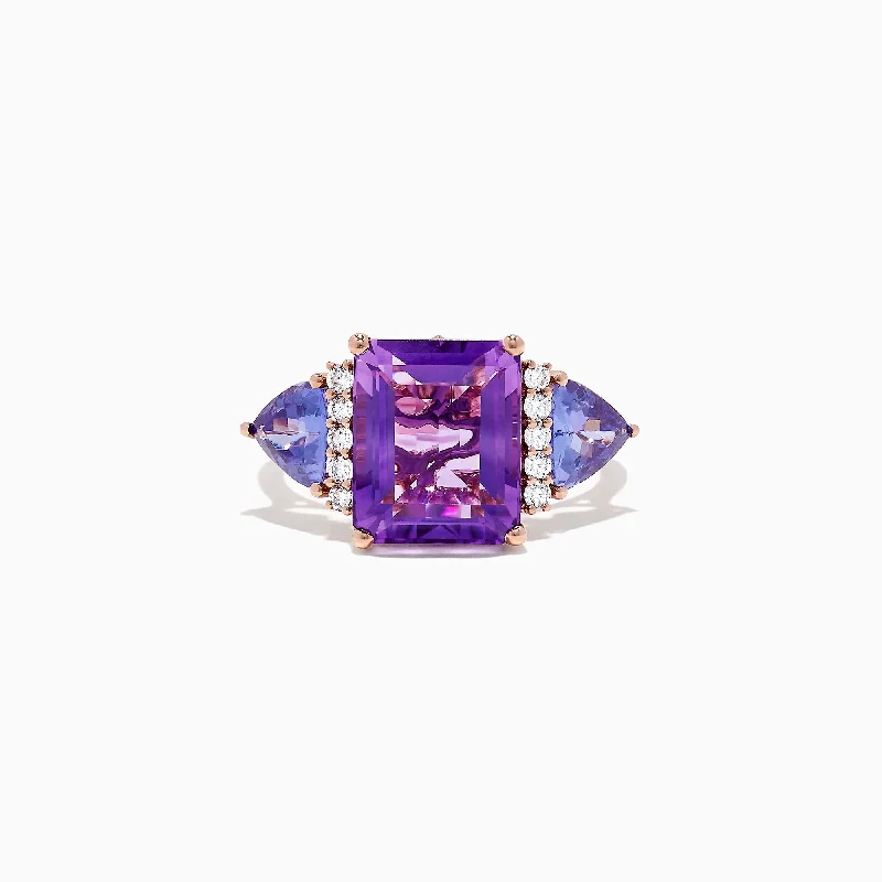 14K Rose Gold Amethyst, Tanzanite and Diamond Ring, 7.49 TCW