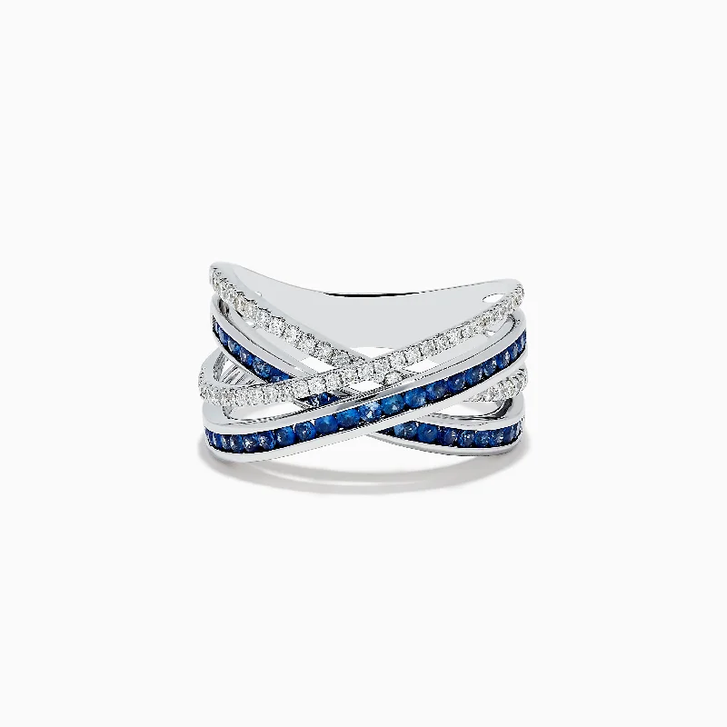 14K White Gold Blue Sapphire and Diamond Crossover Ring