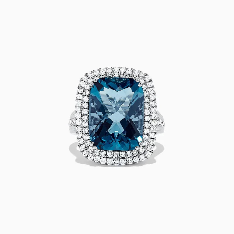 Ocean Bleu 14K White Gold London Blue Topaz and Diamond Ring, 12.32 TCW