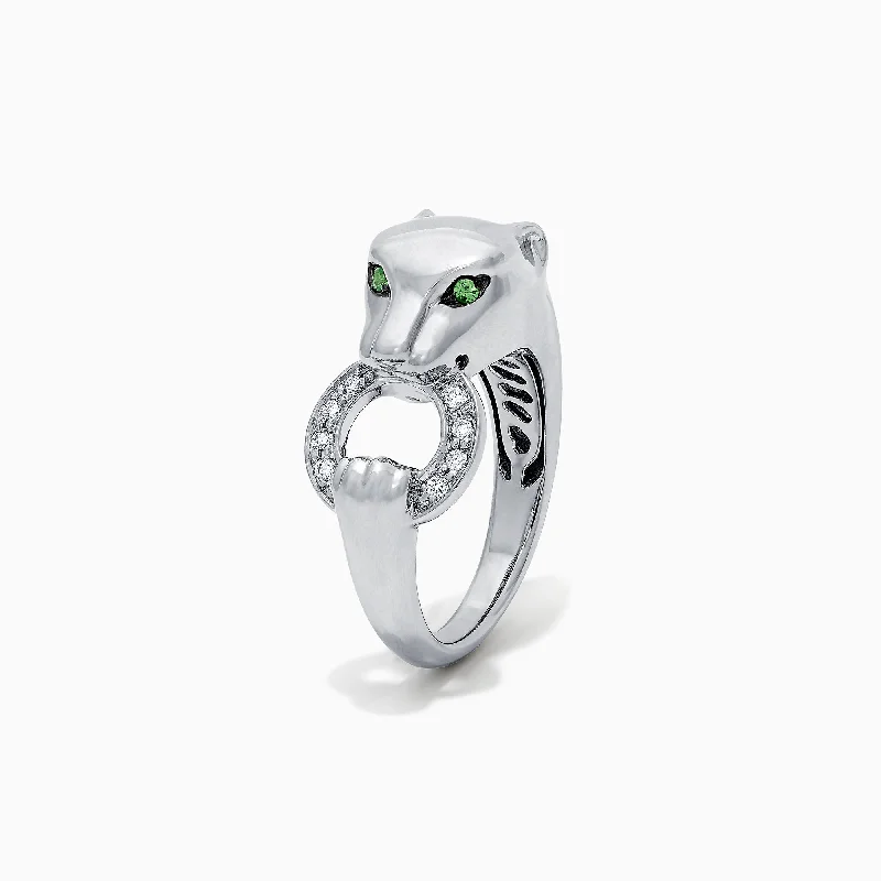 Signature Sterling Silver Diamond and Tsavorite Panther Ring, 0.13 TCW