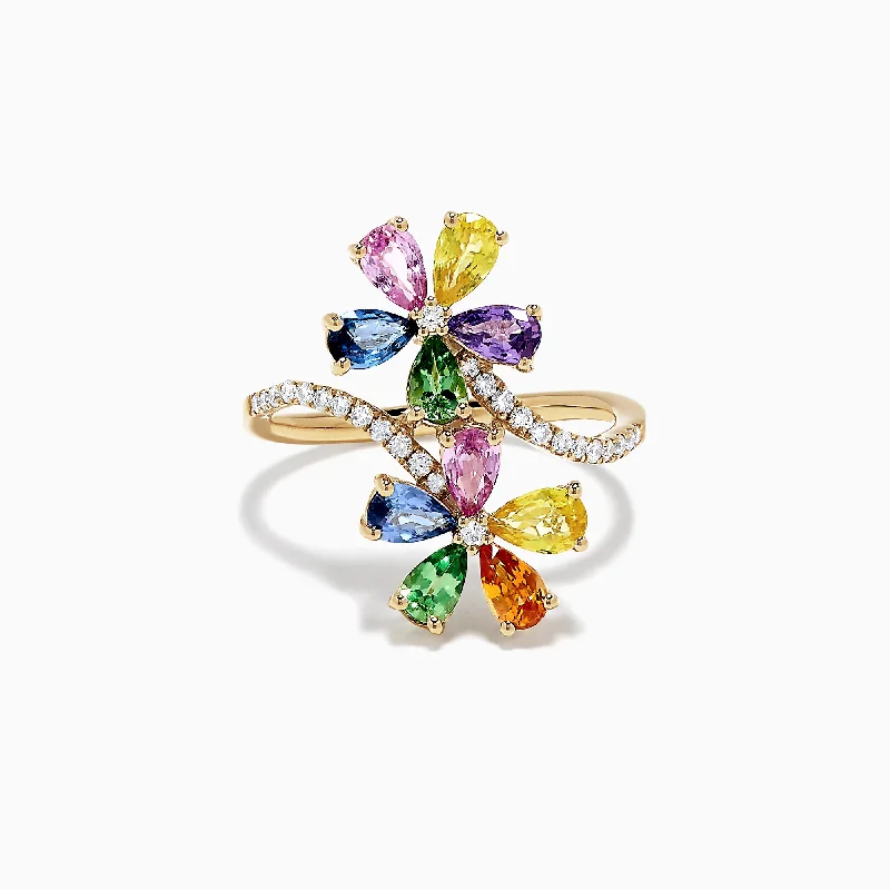 Watercolors 14K Gold Multi Sapphire and Diamond Floral Ring, 3.03 TCW