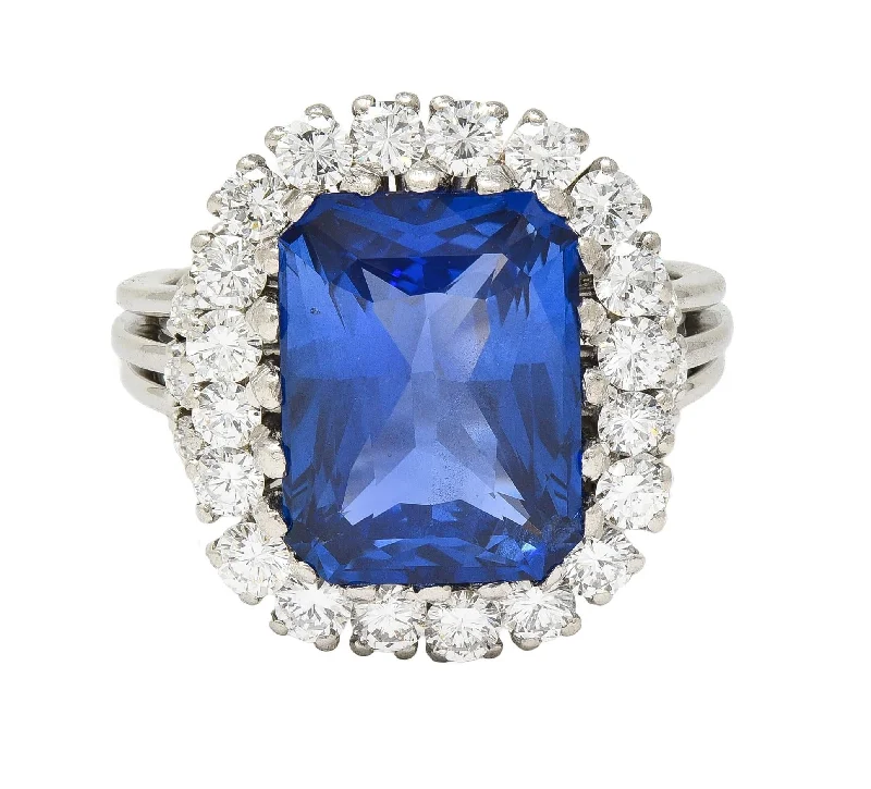 Mid-Century 11.10 CTW No Heat Ceylon Sapphire Diamond Platinum Vintage Halo Ring CD