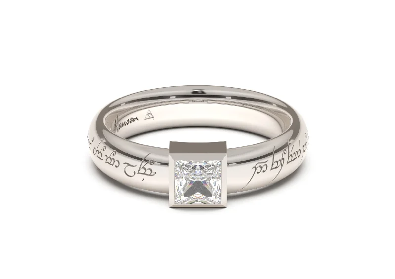 Princess Modern Elvish Engagement Ring, White Gold & Platinum