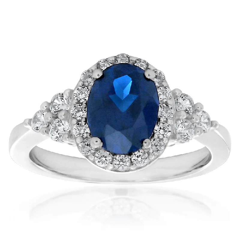 Sterling Silver Created Sapphire and White Zirconia Oval Ring