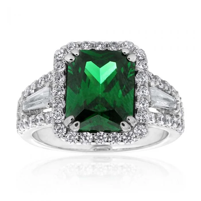 Sterling Silver Green and White Zirconia Halo Cushion Cut Ring