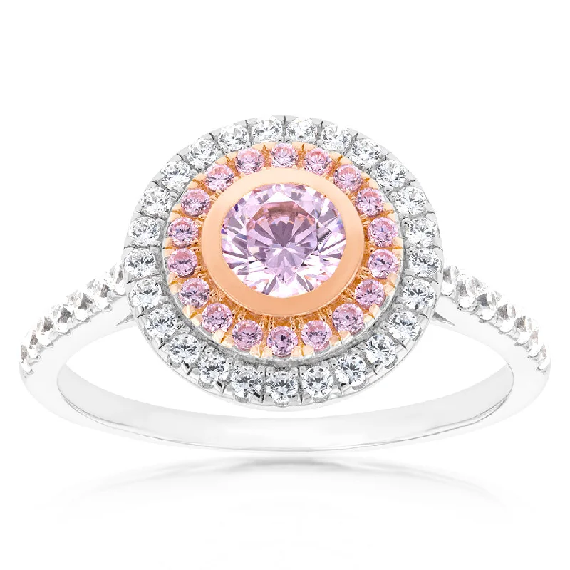 Sterling Silver Rhodium And Rose Gold Plated White And Pink CZ Round Ring