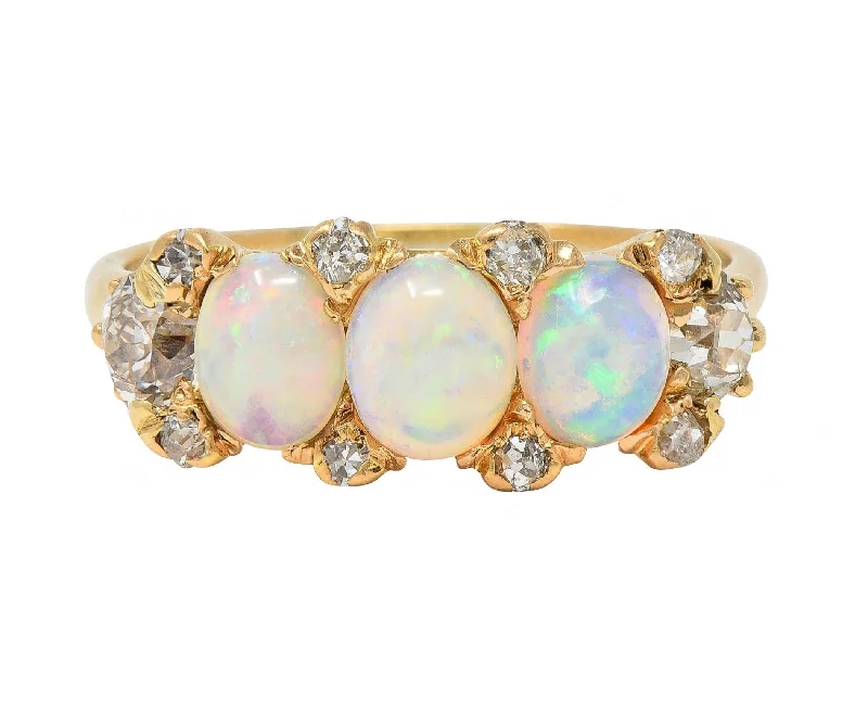 Victorian Opal Diamond 14 Karat Yellow Gold Antique Band Ring