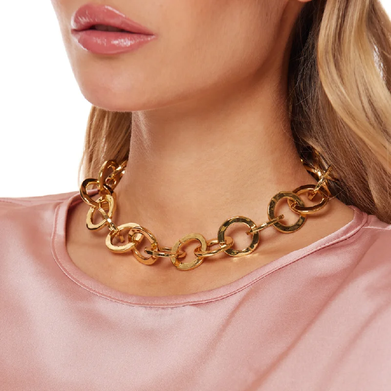 Polished Gold Textured Circle Link Toggle Necklace