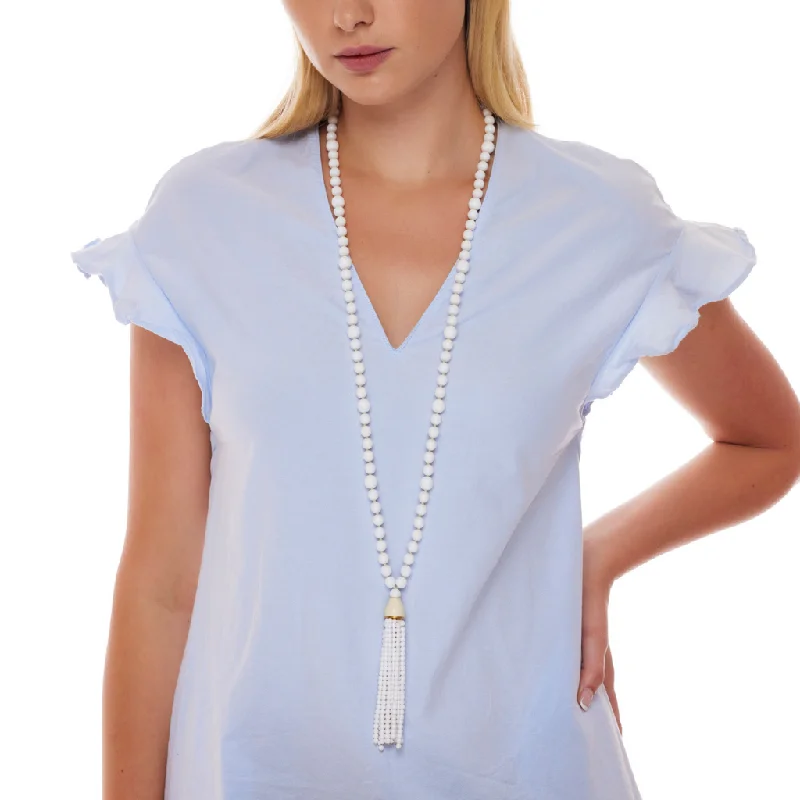 White Glass Bead Tassel Necklace