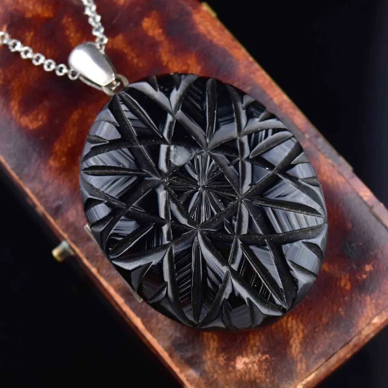 Antique Victorian Carved Whitby Jet Starburst Locket Necklace