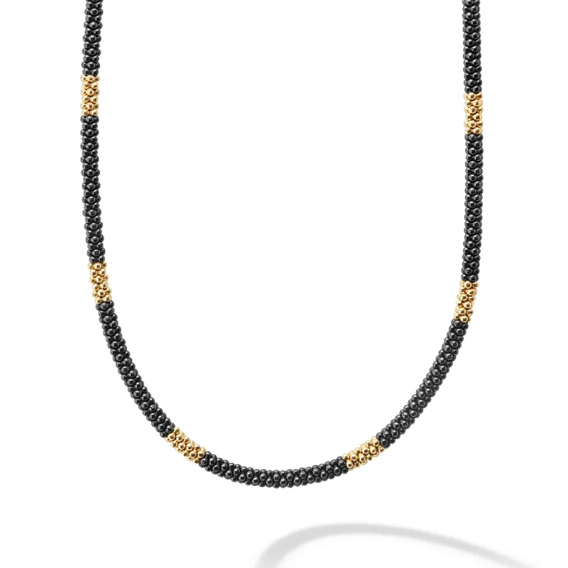 Black Caviar 18K Gold Small Station Ceramic Beaded Necklace | 3mm