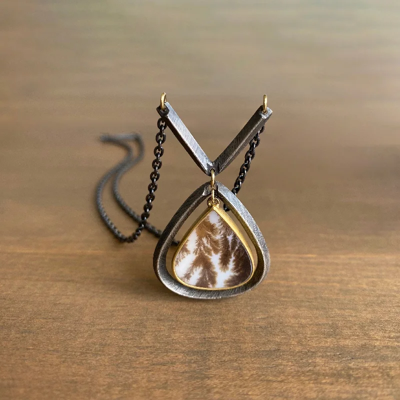 Carved Frame Dendritic Agate Teardrop Necklace