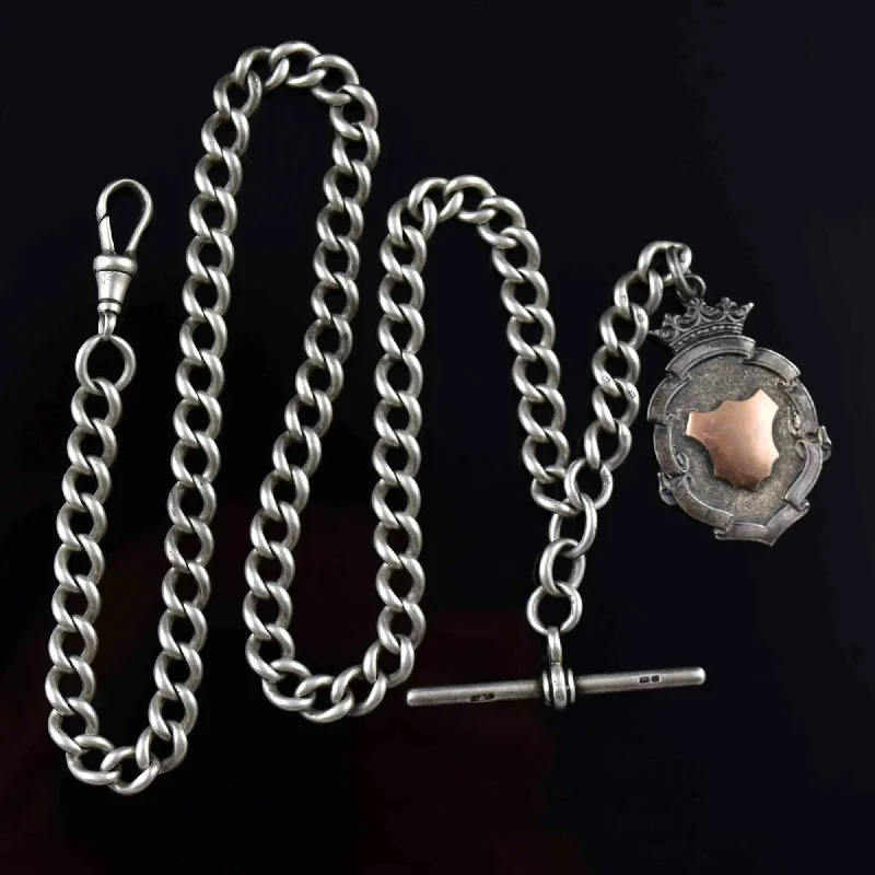 Edwardian Silver Watch Chain Necklace with Rose Gold Fob