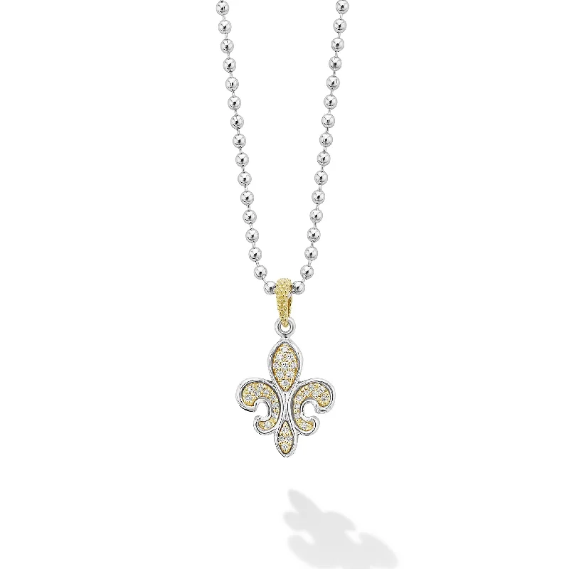 Signature Caviar Two-Tone Fleur De Lis Diamond Pendant Necklace