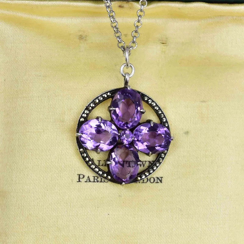 Vintage Silver Amethyst Marcasite Flower Pendant Necklace