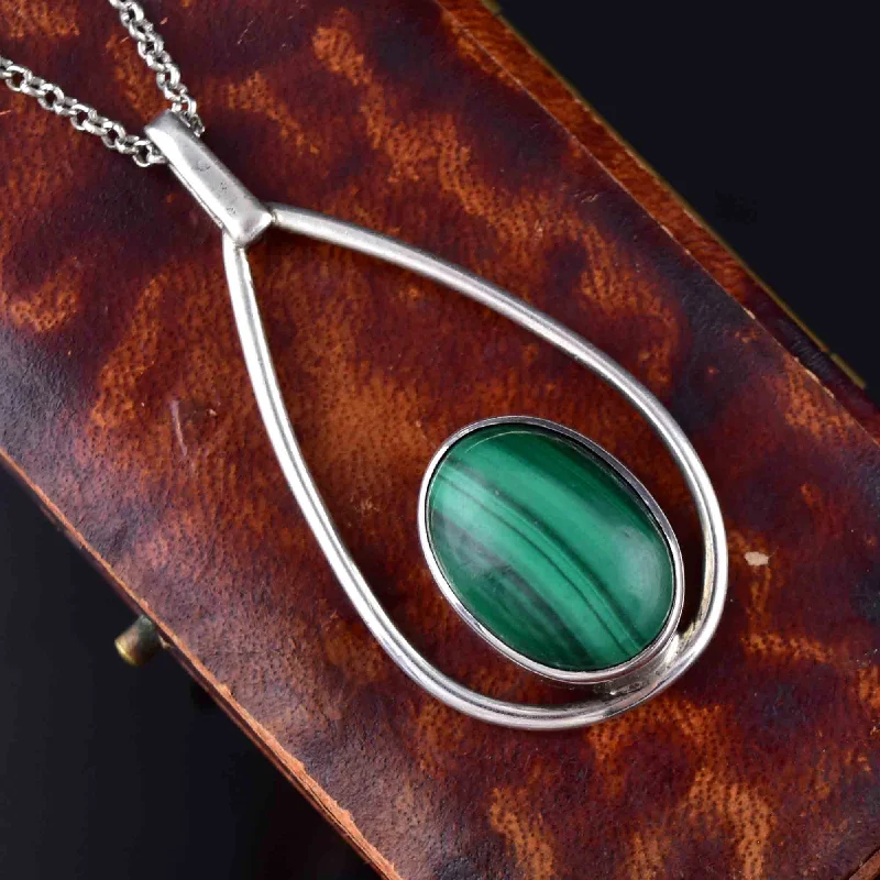 Vintage Sterling Silver Malachite Pendant Necklace