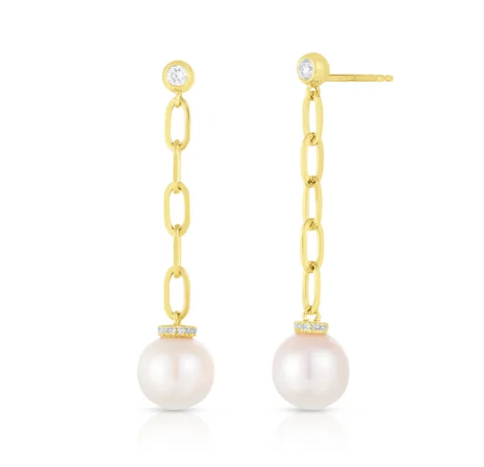 Bremer Jewelry Dangle Freshwater Cultured Pearl Earrings in 14K Yellow Gold (.16ctw)