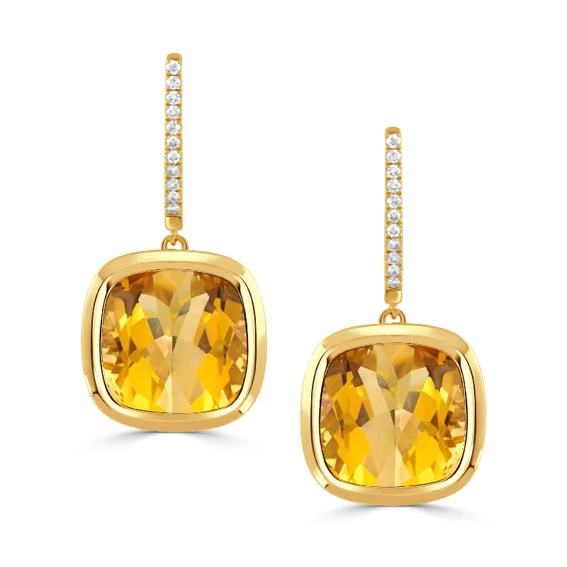 Cushion Citrine & Diamond Pavé 18K Yellow Gold Drop Earrings