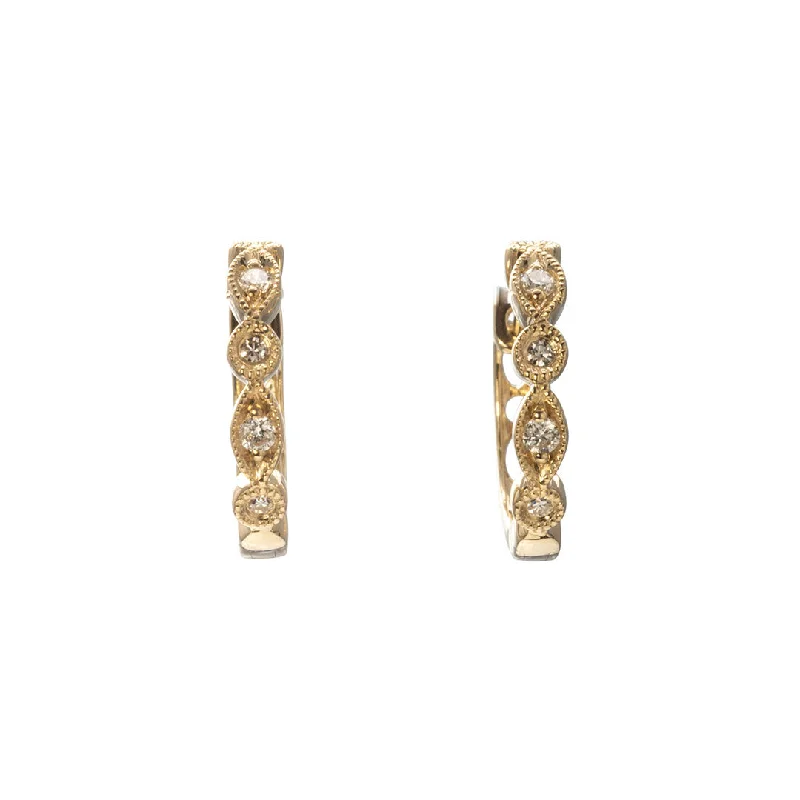 Diamond Milgrain 14K Yellow Gold Huggie Hoop Earrings