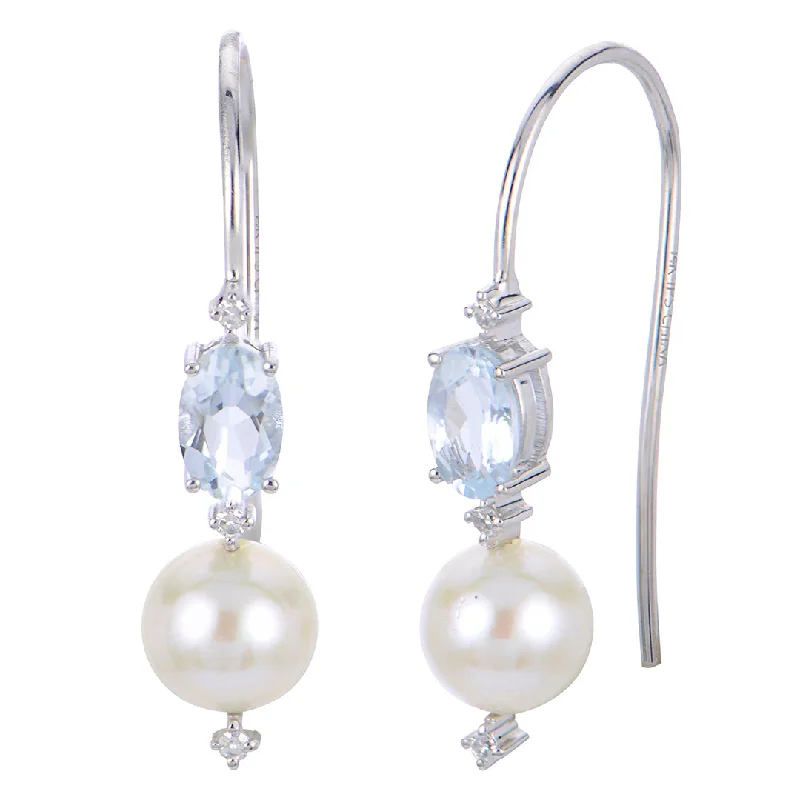 Freshwater Pearl, Aquamarine & Diamond 14K White Gold Earrings