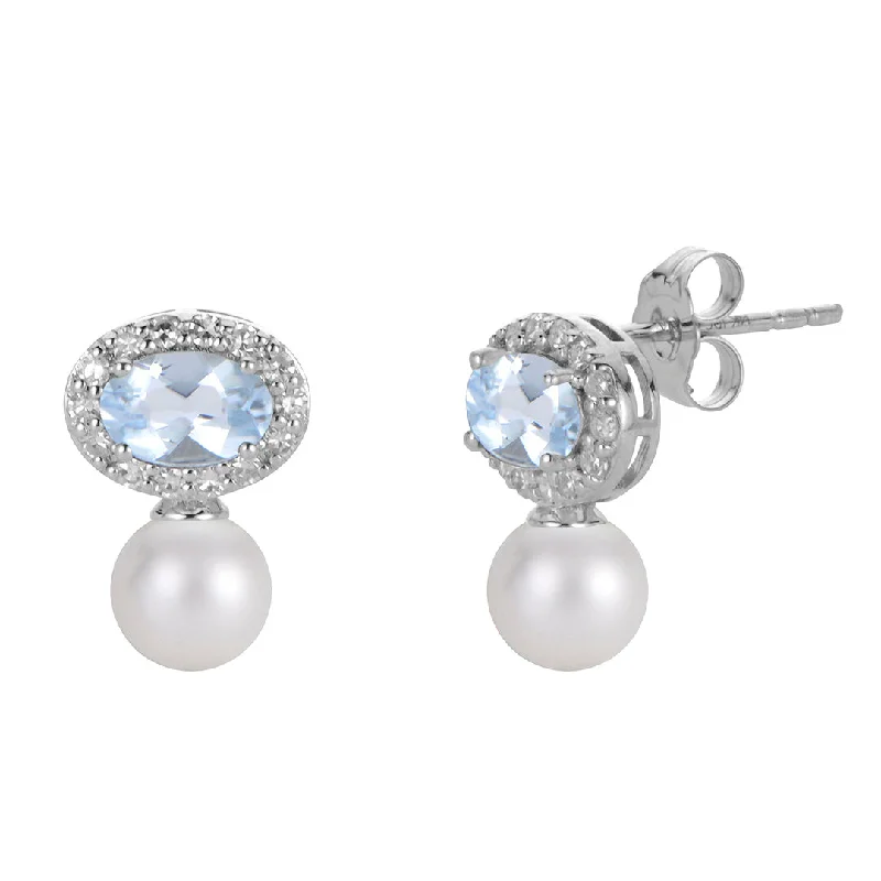 Freshwater Pearl, Aquamarine & Diamond 14K White Gold Earrings