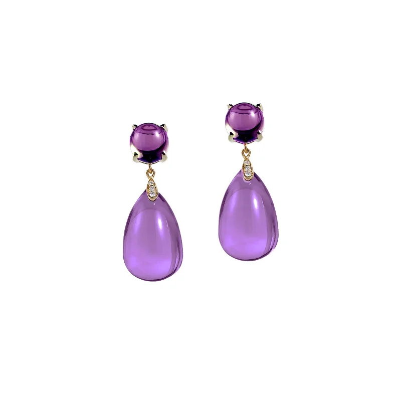 Amethyst Cabochon & Drop Earrings with Diamonds