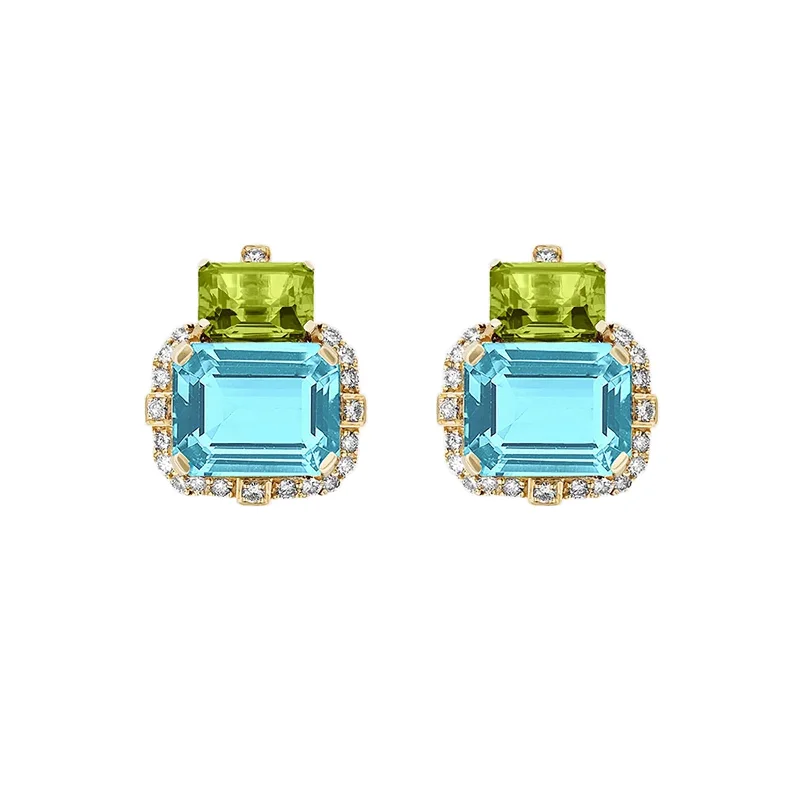 Blue Topaz, Peridot, and Diamnond Earrings