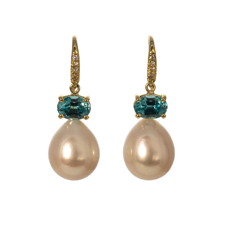 Pearl, Blue Zircon & Diamond 18K Gold Drop Earrings