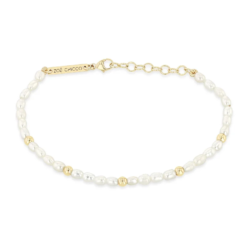 14k Gold Bead Station Rice Pearl Bracelet