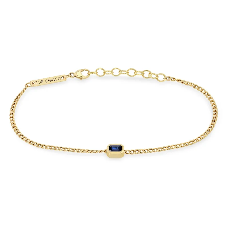 14k Emerald Cut Blue Sapphire XS Curb Chain Bracelet