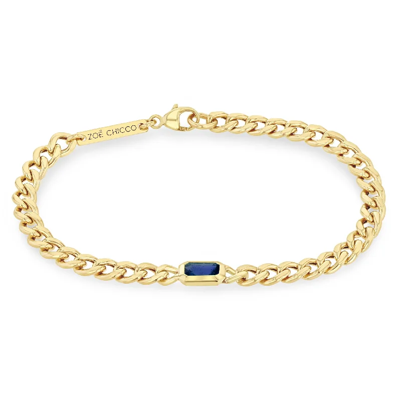 14k Medium Curb Chain Emerald Cut Blue Sapphire Bezel Bracelet