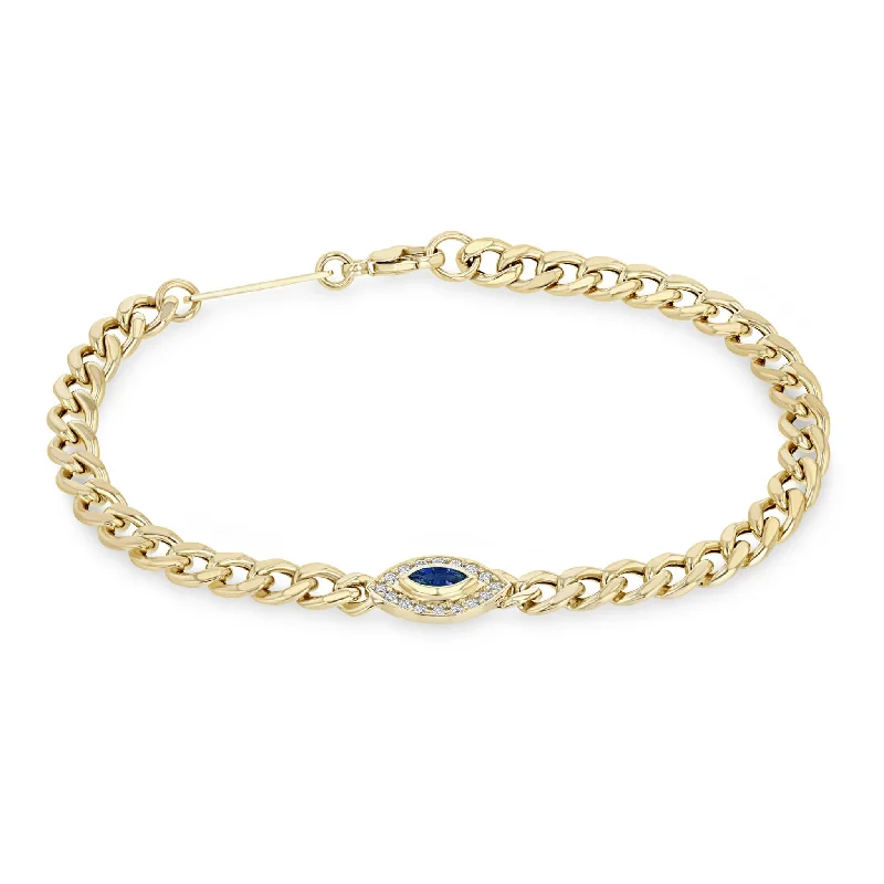 14k Medium Curb Chain Marquise Blue Sapphire Halo Bracelet