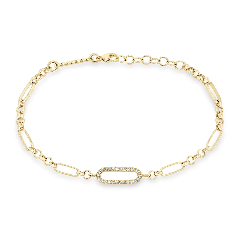 14k Single Pavé Diamond Link Medium Paperclip Rolo Chain Bracelet