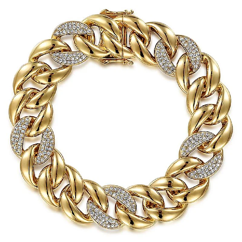 14K Yellow Gold Classic Cuban Tennis Bracelet With Pavé Diamond And Plain Links