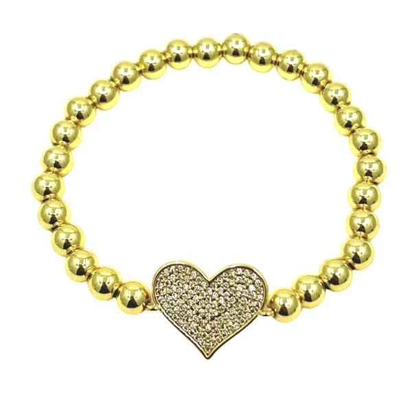 Beaded Bracelet With Pave Heart: Gold (BG645L)