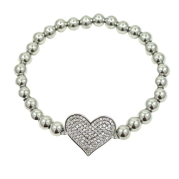 Beaded Bracelet With Pave Heart: Silver (BS645L)