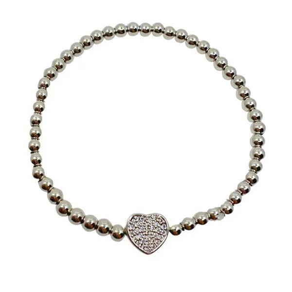 Beaded Bracelet With Pave Heart : Silver Plated (BS645)