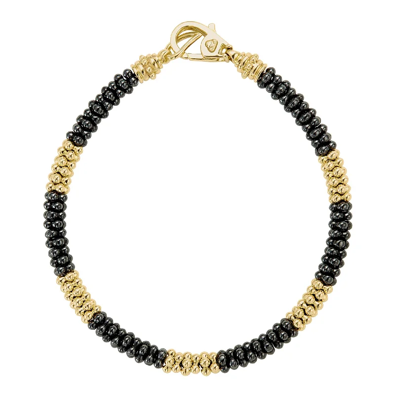 Black Caviar Five Large 18K Gold Station Ceramic Beaded Bracelet | 5mm