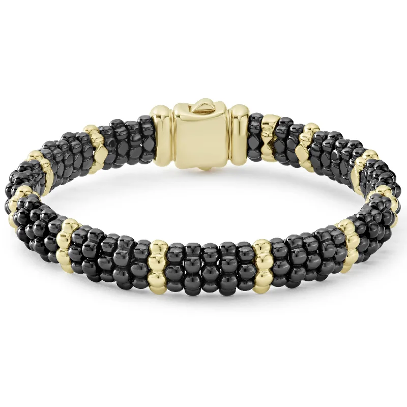 Black Caviar 18K Gold Station Ceramic Beaded Bracelet | 9mm