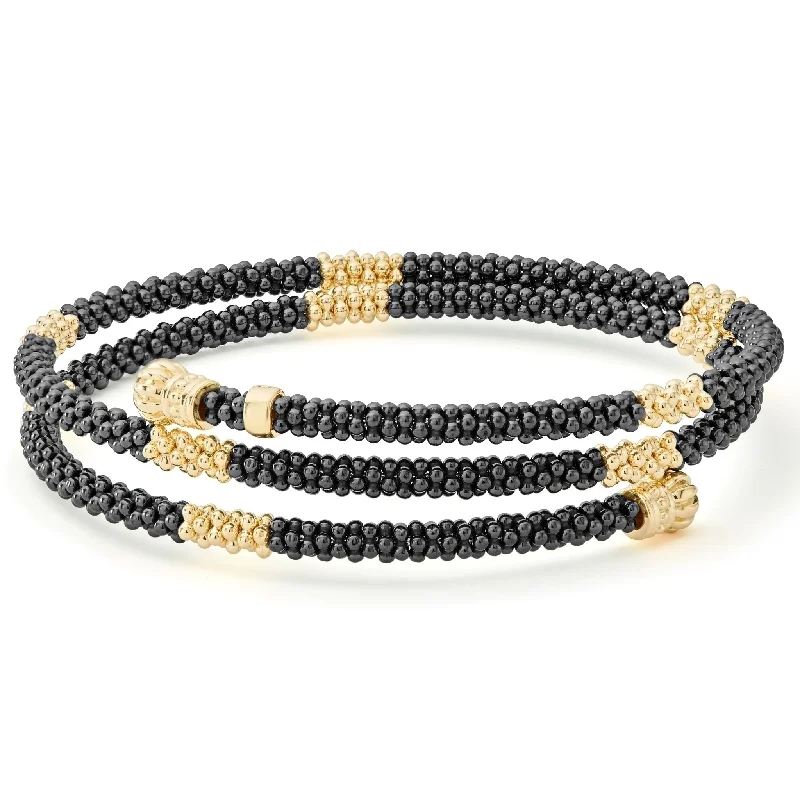 Black Caviar 18K Gold Small Station Ceramic Wrap Bracelet | 3mm