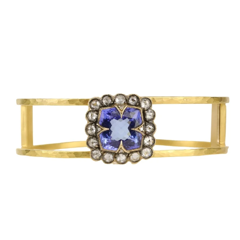 22k Gold Open "Double" Bracelet with Tanzanite Center and Diamond "Lace Edge"