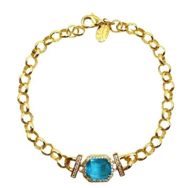 CZ Charm Center Bracelet on Gold Fill Chain: Aqua (BCG485Q)