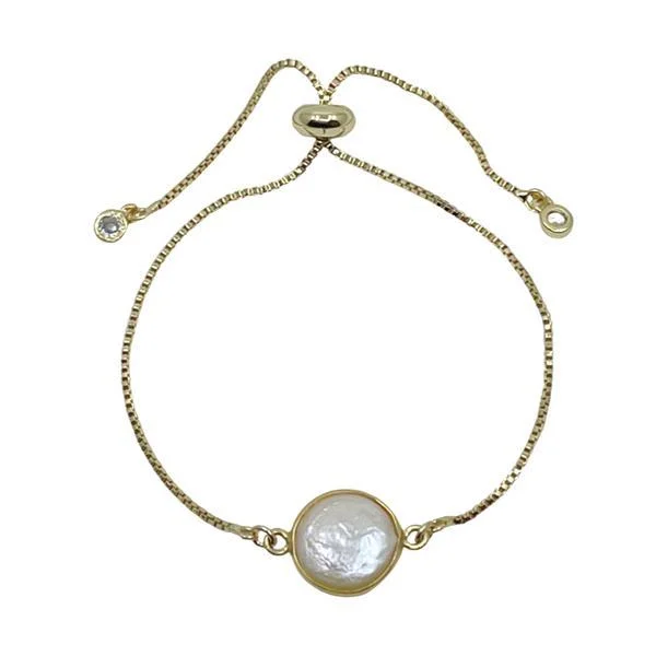 Pull Chain Bracelet: Fresh Water Round Pearl: Gold Plated or Sterling (P_BT436)