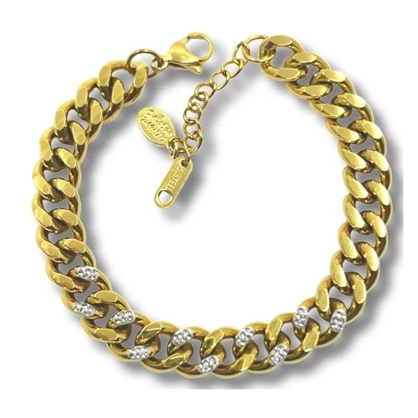 Stainless Steel 'Cuban' Chain: Gold Plated And CZ  Bracelet: (BGSS4450)